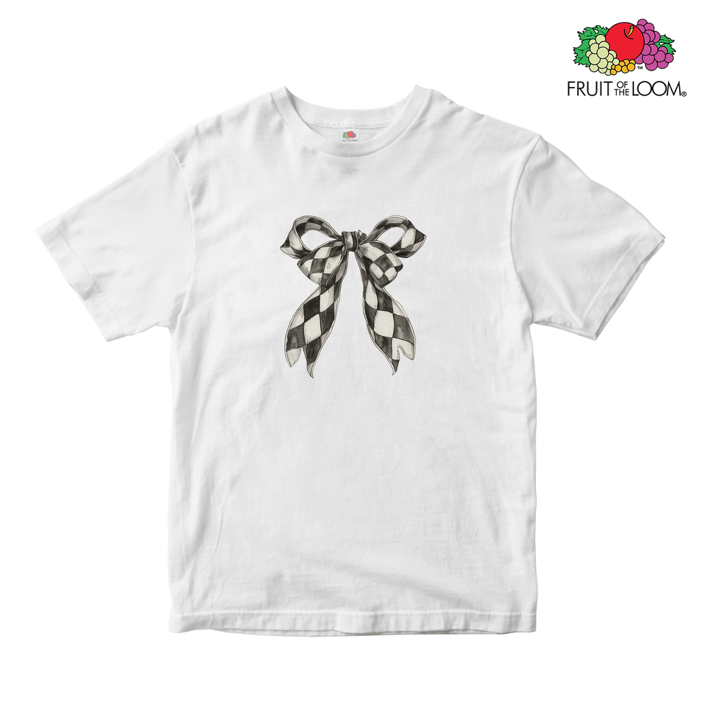 Checkered bow Baby Tee, WHITE, Fruit of the Loom