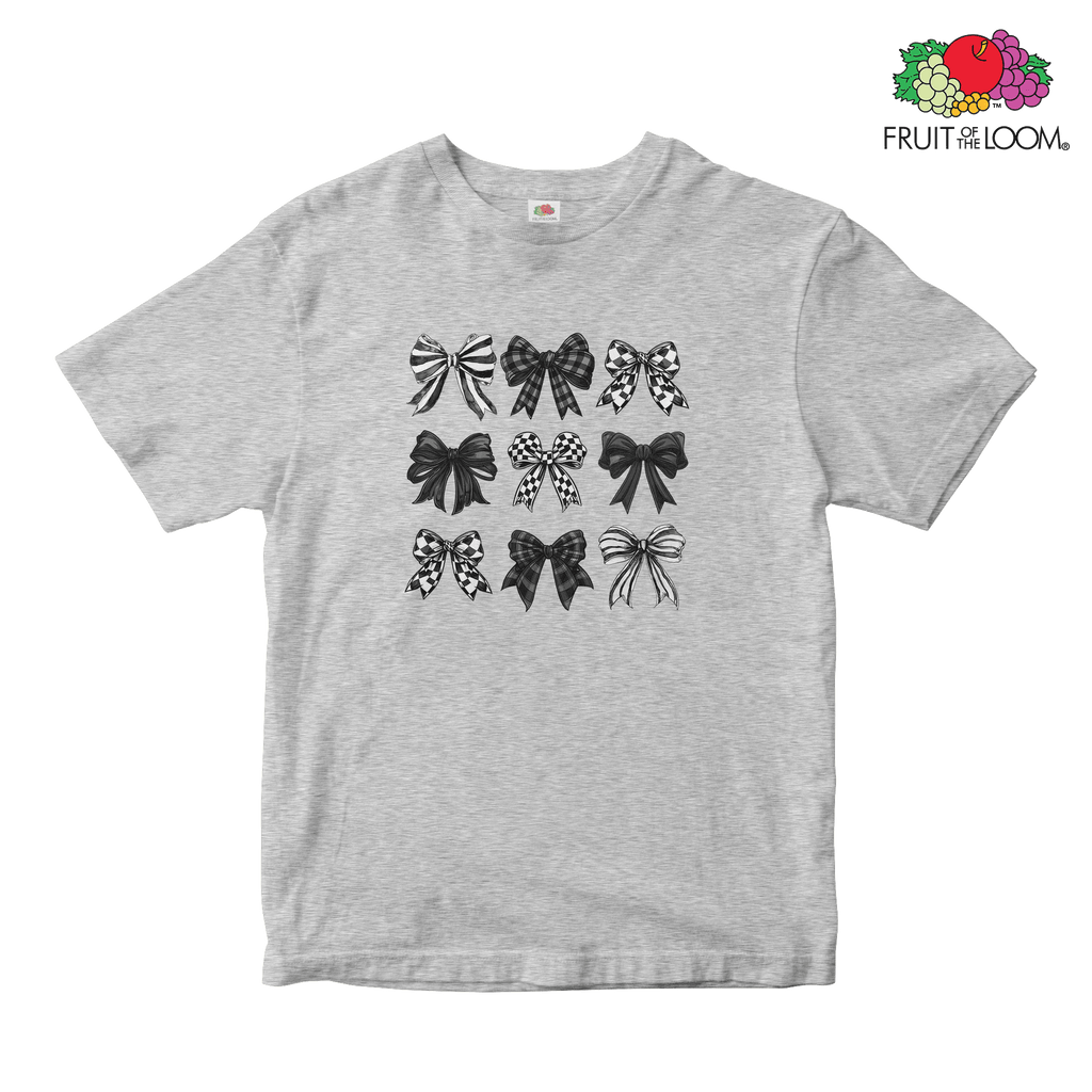 Black bow collage Baby Tee, HEATHER GREY, Fruit of the Loom