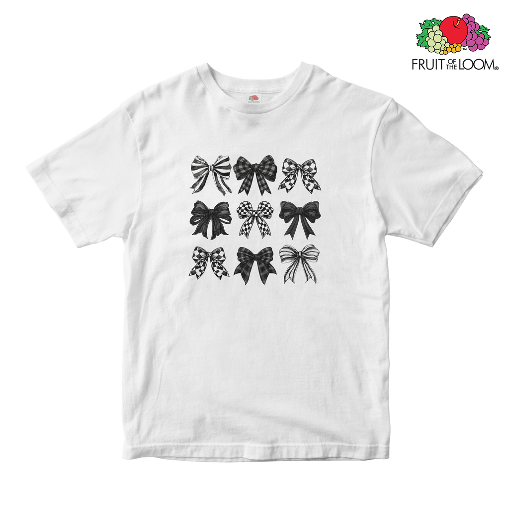 Black bow collage Baby Tee, WHITE, Fruit of the Loom