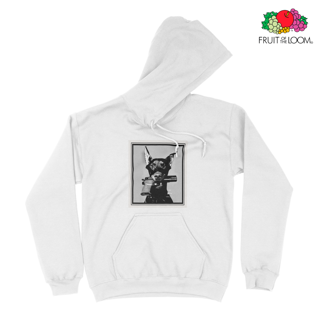 Doberman Hoodie, White, Fruit of the Loom