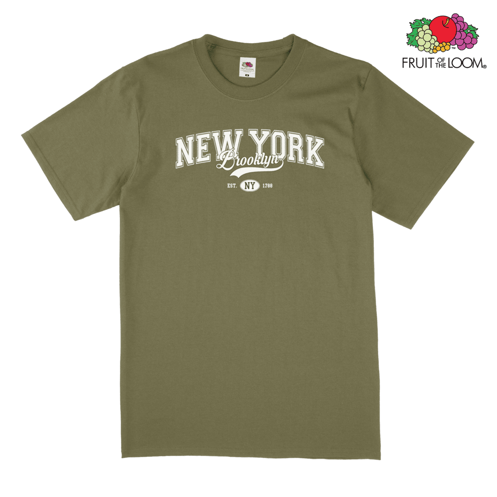 New York White Arch T-Shirt, Classic Olive, FRUIT OF THE LOOM