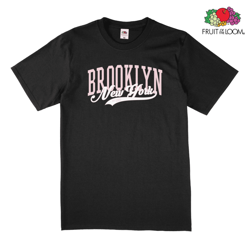 Brooklyn New York Pink Header T-Shirt, Black, FRUIT OF THE LOOM