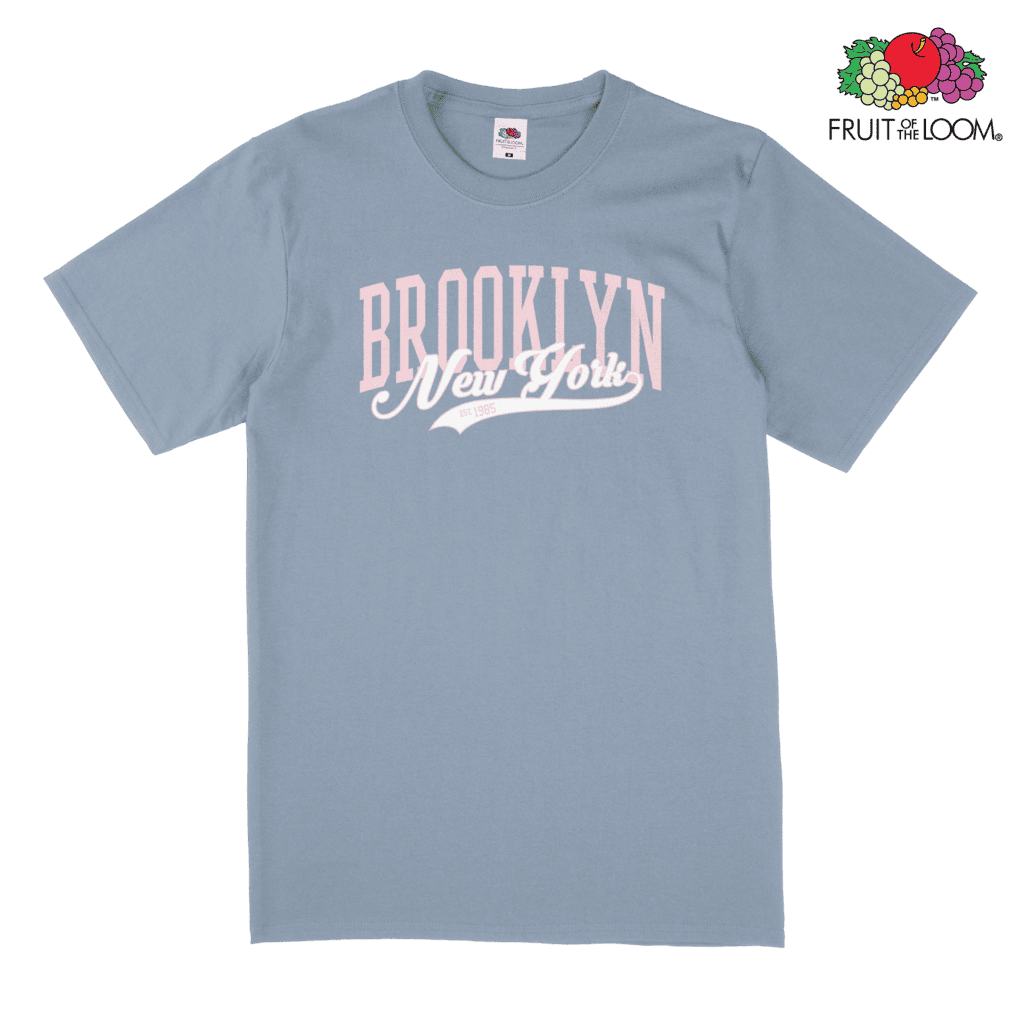 Brooklyn New York Pink Header T-Shirt, Mineral Blue, FRUIT OF THE LOOM