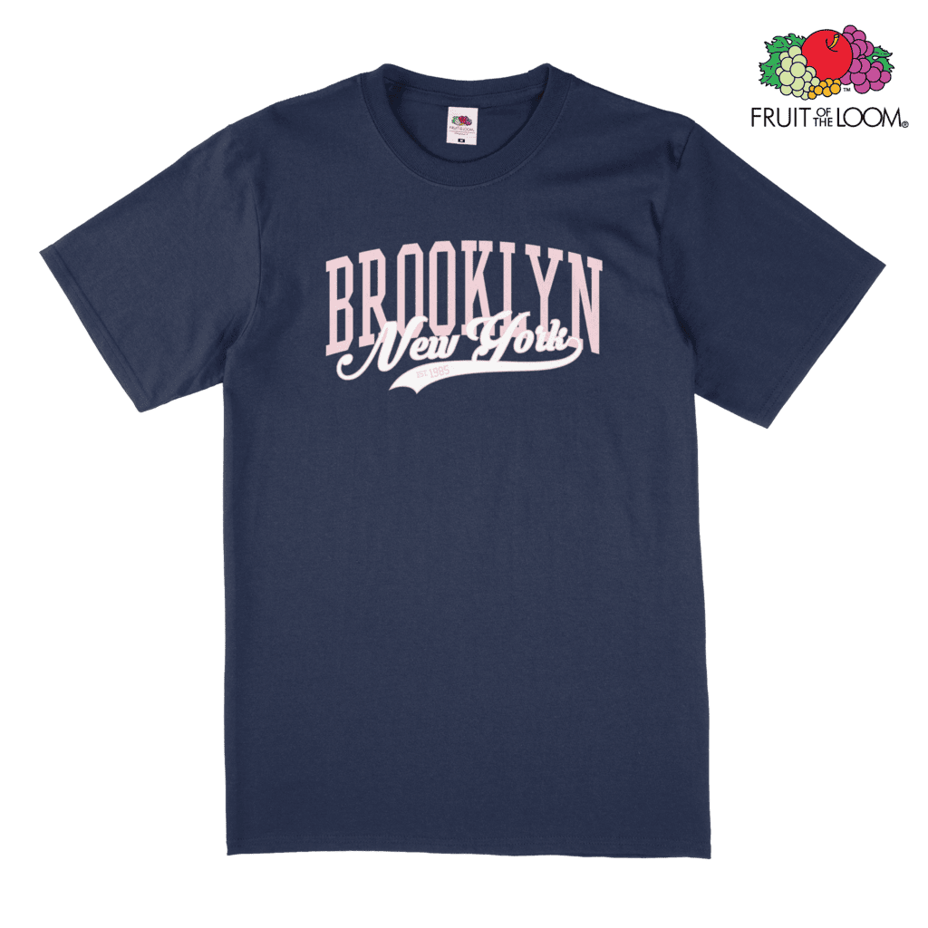 Brooklyn New York Pink Header T-Shirt, Navy, FRUIT OF THE LOOM