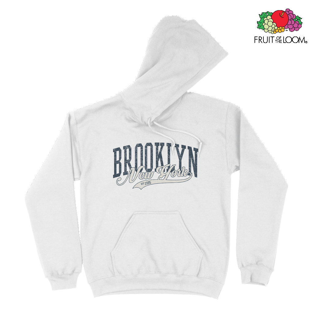 Brooklyn New York Vintage Hoodie, White, FRUIT OF THE LOOM