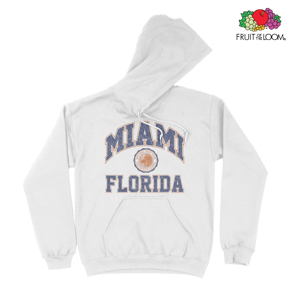 Miami Florida Vintage Hoodie, White, FRUIT OF THE LOOM