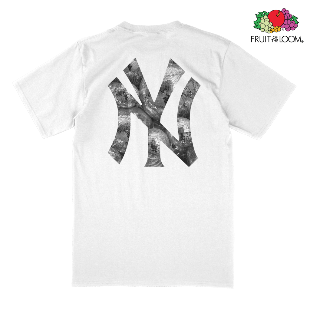 NY Yankees Disco Balls T-Shirt (Back Print), White, Fruit of hte Loom