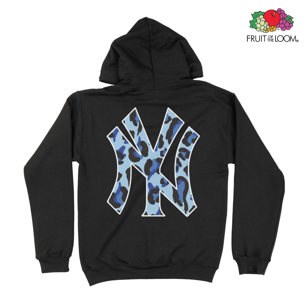 NY Yankees Camo Hoodie (Back Print), Black, FRUIT OF THE LOOM