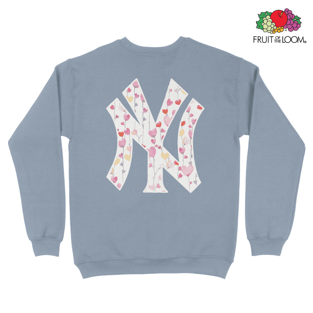 NY Yankees Hearts Sweatshirt (Back Print), Mineral Blue, FRUIT OF THE LOOM