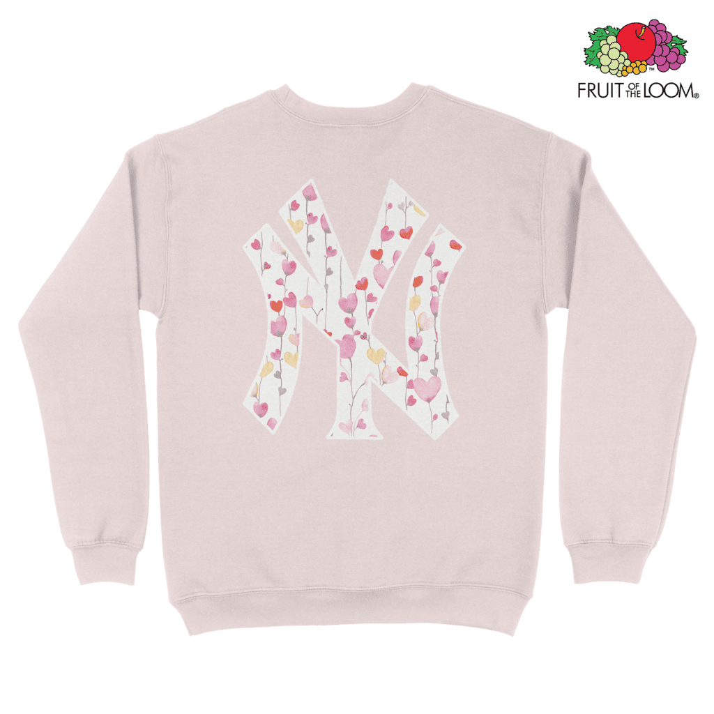 NY Yankees Hearts Sweatshirt (Back Print), Powder Rose, FRUIT OF THE LOOM