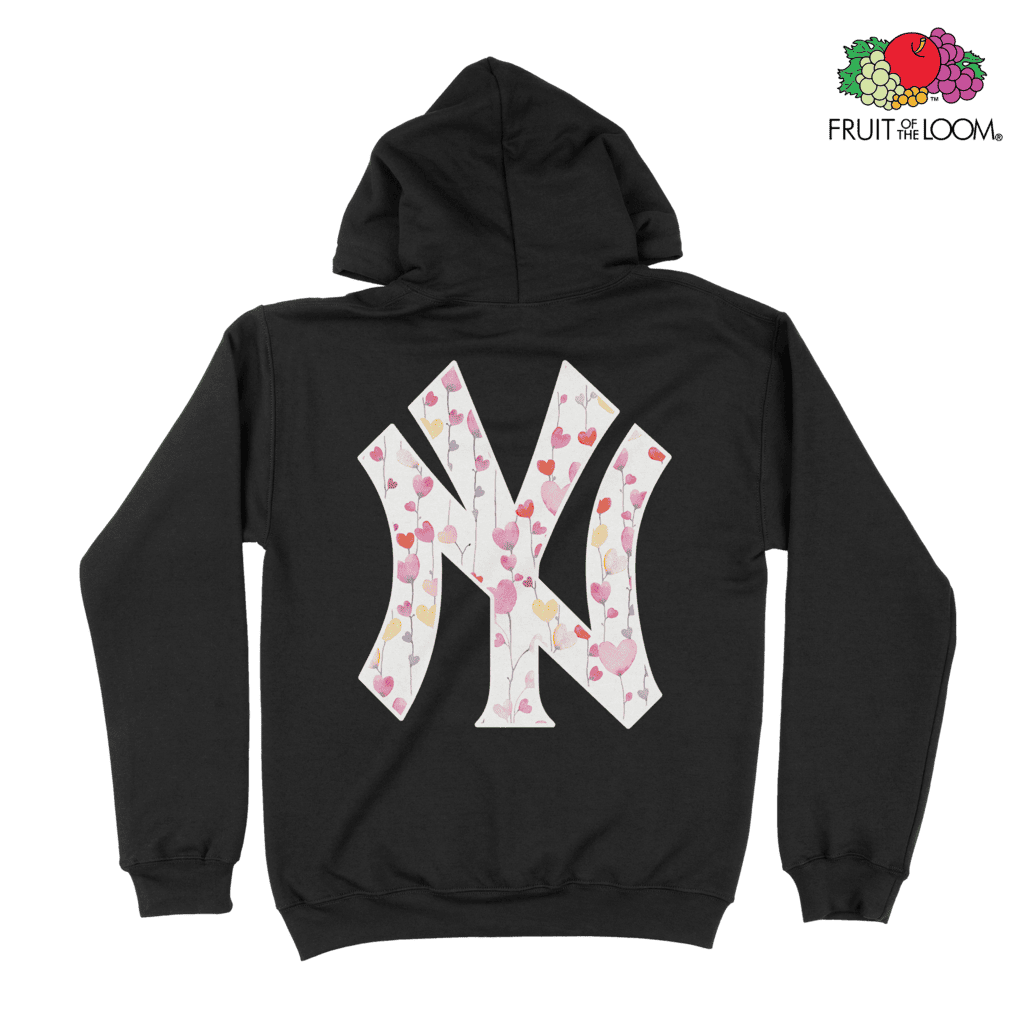 NY Yankees Hearts Hoodie (Back Print), Black, FRUIT OF THE LOOM