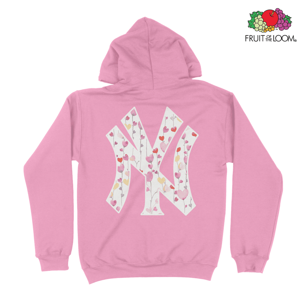 NY Yankees Hearts Hoodie (Back Print), Light Pink, FRUIT OF THE LOOM