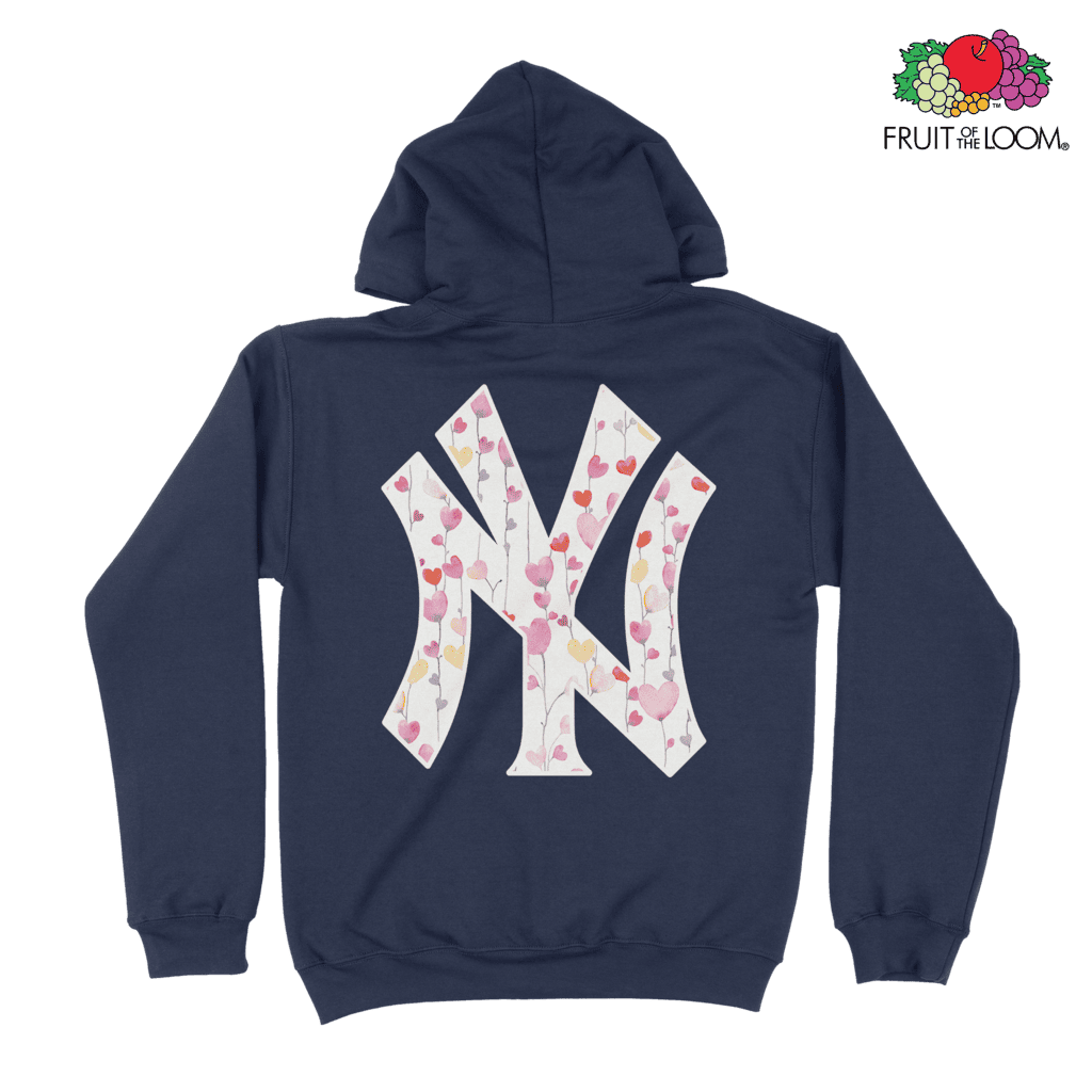 NY Yankees Hearts Hoodie (Back Print), Navy, FRUIT OF THE LOOM