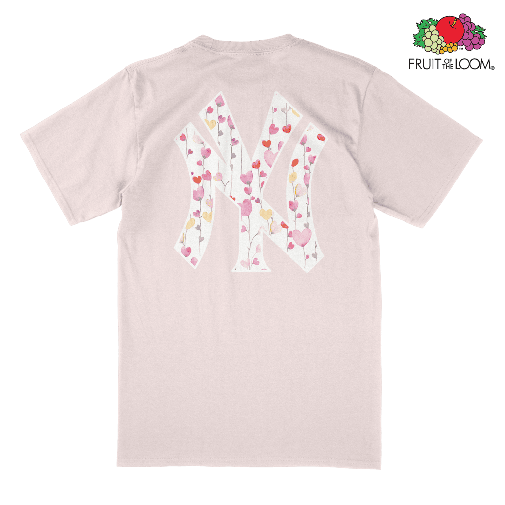 NY Yankees Hearts T-Shirt (Back Print), Powder Rose, FRUIT OF THE LOOM