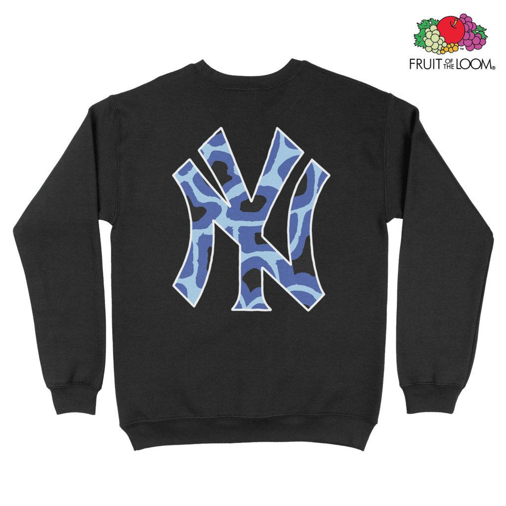 NY Yankees Blue Camo Sweatshirt (Back Print), Black, FRUIT OF THE LOOM