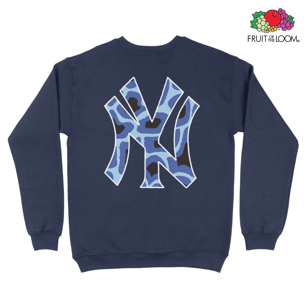 NY Yankees Blue Camo Sweatshirt (Back Print), Navy, FRUIT OF THE LOOM