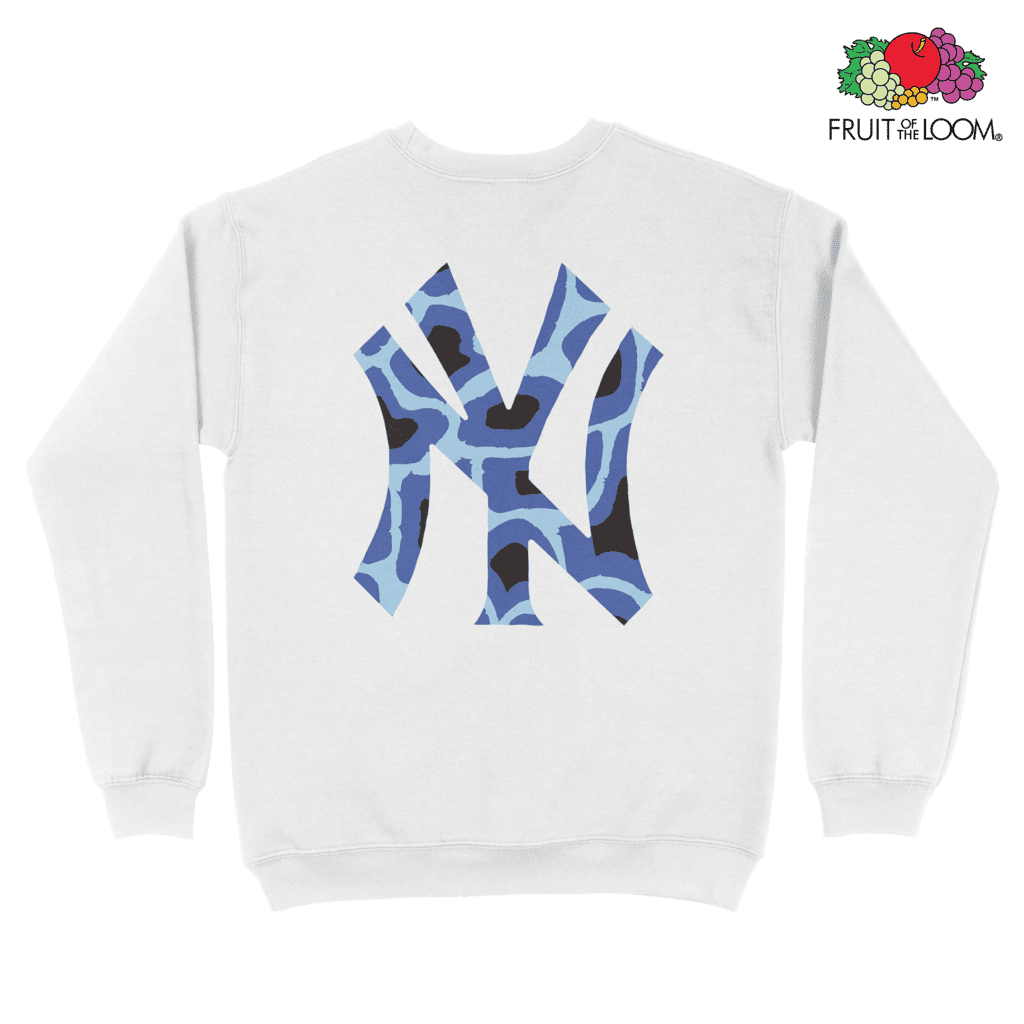 NY Yankees Blue Camo Sweatshirt (Back Print), White, FRUIT OF THE LOOM